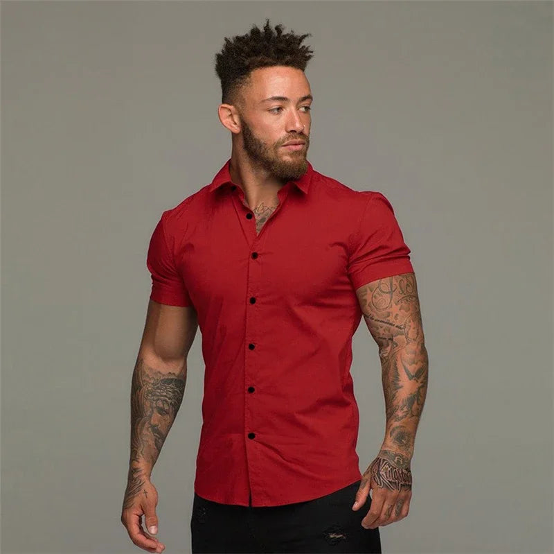 Summer Fashion Short Sleeve Shirt Men Solid Super Slim Fit Male Social Business Dress Shirt Brand Men Gym Fitness Sport Clothing