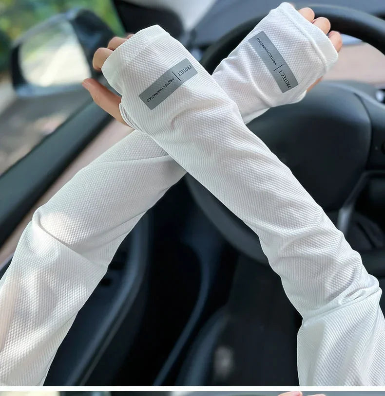 2Pcs Set Sun UV Protection Arm Sleeves Cooling Ice Silk Face Cover Summer Breathable Sunscreen Cycling Driving Long Gloves Mask