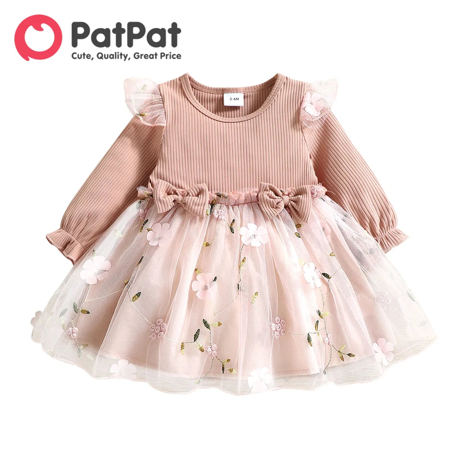 PatPat Baby Dress Baby Girl Clothes New Born Infant Party Dresses Pink Ribbed Bowknot Floral Mesh for NewBorn