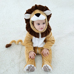 Cartoon Little King of Beasts Lion Costume Romper Jumpsuit for Baby Boy Infant Toddler Winter Outfit Pajamas Flannel Comfy 0-36M