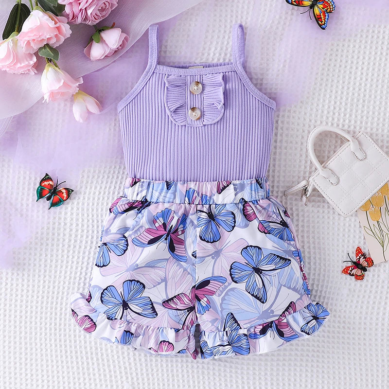 Sleeveless Purple Vest Butterfly printing Short Pants Outfit Toddler Infant Fashion
