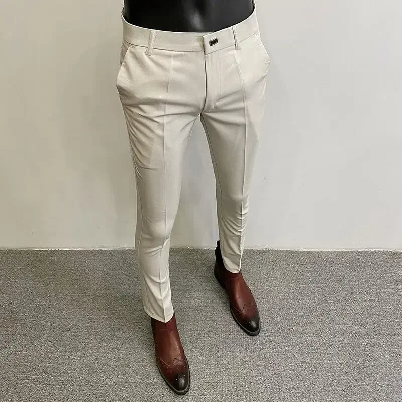 Autumn Winter Thickened Woolen Suit Pant High Quality Men Business Slim Striped Trousers Formal Wear Office Social Dress Pants