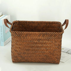 Foldable Woven Storage Basket with PU Handles Imitation Rattan Wicker Box Home Decor