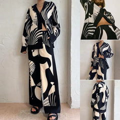 Women Digital Print 2 Piece Set Chic Lapel Long Sleeved Blouse Top Loose Straight Leg Pants Suit