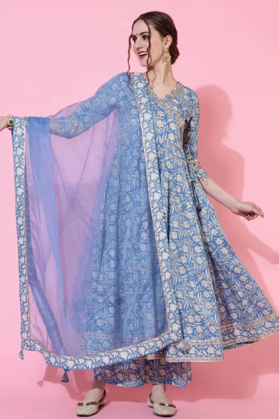 Indian Ethnic Style Blue Pure Cotton Floral Dress With Printed Casual Daily Three Piece Set\