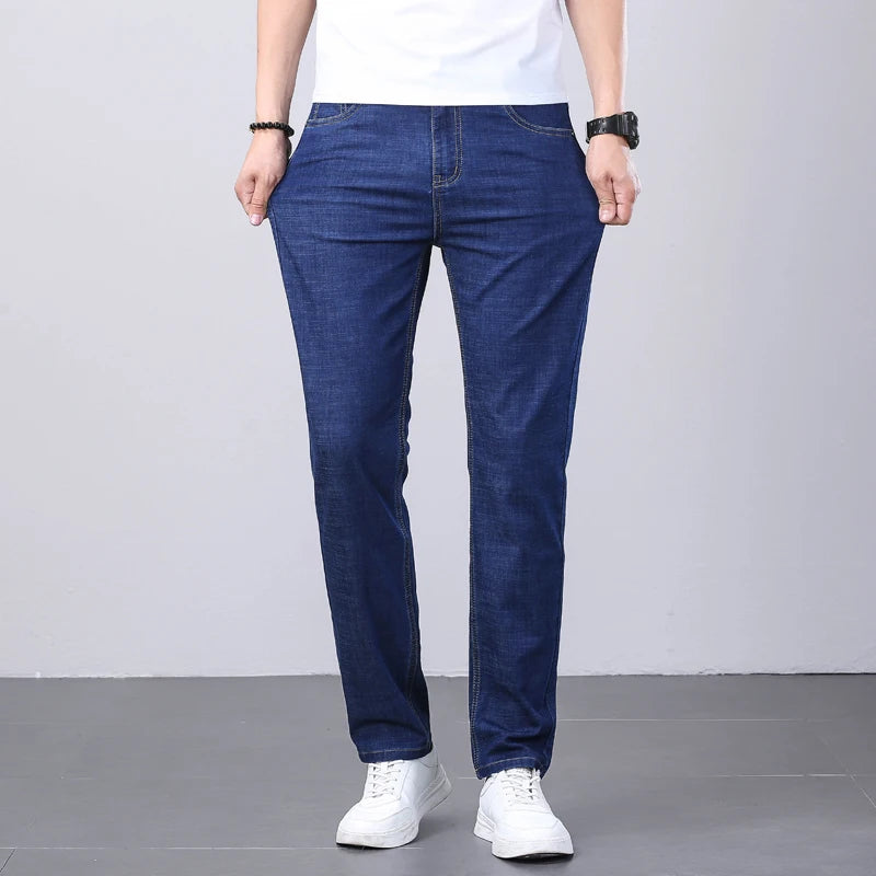 Summer Ultra-Thin Men's Jeans Classic All-Match Slim Straight Leg Elastic Denim Trousers