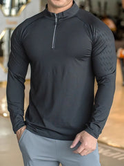 Long Sleeve Tees elastic fit Sports training Fitness Quick dry Zip collar Polo T Shirt