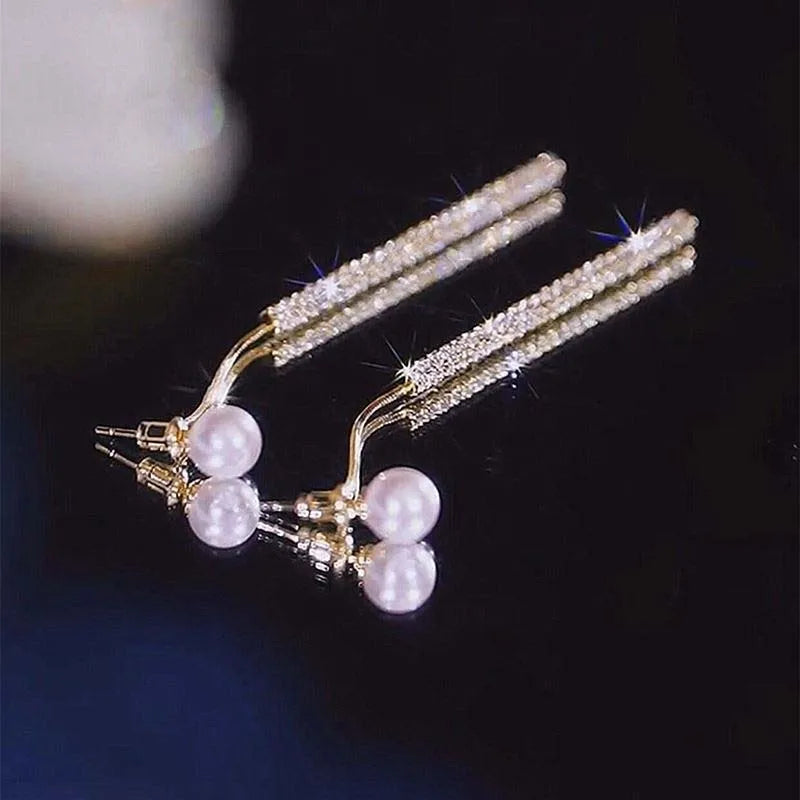 Long Tassel Pearl Dangle Earrings for Women Luxury Full Rhinestone Gold Color Drop Earrings