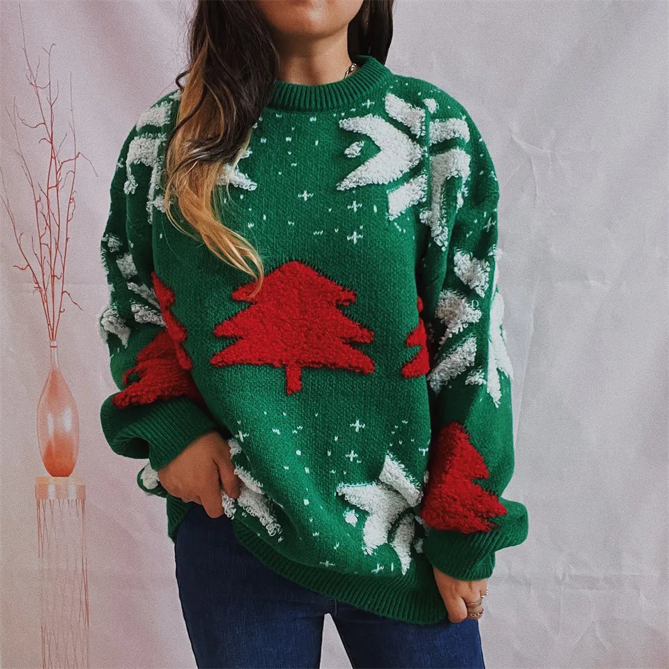 OMCHION Green Christmas Sweater 2023 Fashion Tree Embroidery Knitted Pullover Casual Loose Retro Sweater For Female Knitwear