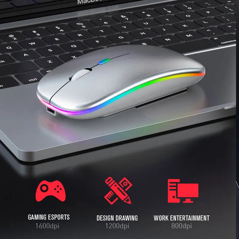 Bluetoooth 5.0 Wireless Mouse With USB Rechargeable RGB Light For Laptop Computer PC