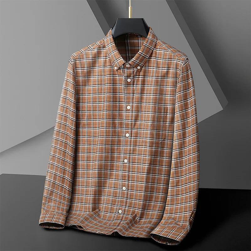 Men's Brushing Long Sleeves Shirt Autumn Plaid Shirt For Man Khaki Plaid Shirt Boy's Oversize Shirt