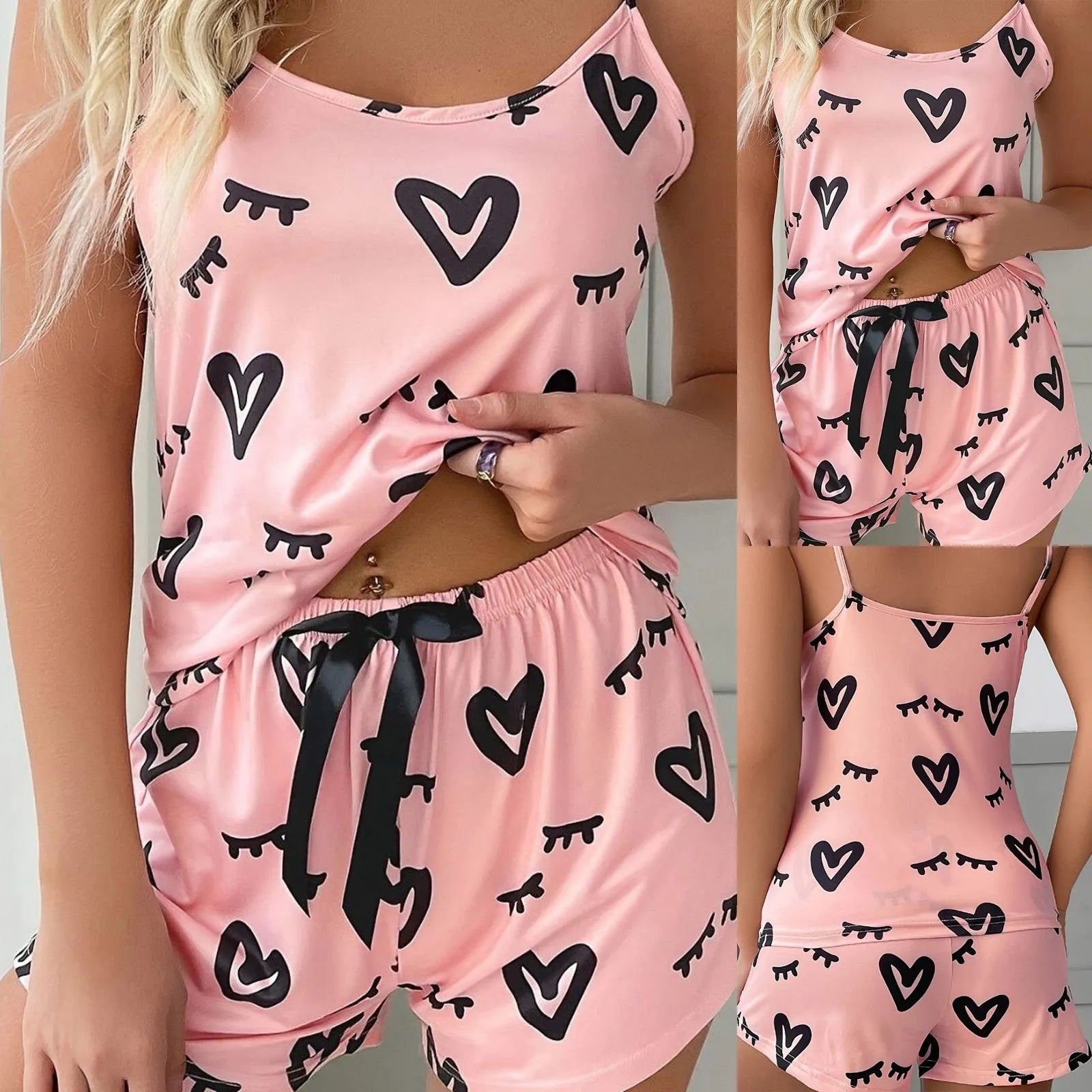 Printed Pajama Set Women'S 2 Pieces Sleepwear Pyjamas Silk Satin Cami Top And Shorts Pajamas