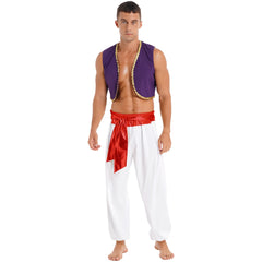 Mens Halloween Arabian Prince Costume Mythical Aladin Party Cosplay Fancy Dress Outfit Sequin Trim Waistcoat with Belted Pants