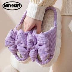 Thick Sole Cartoon Linen Slippers Female Cute Bow Anti-Slip Sweat Home Sandals