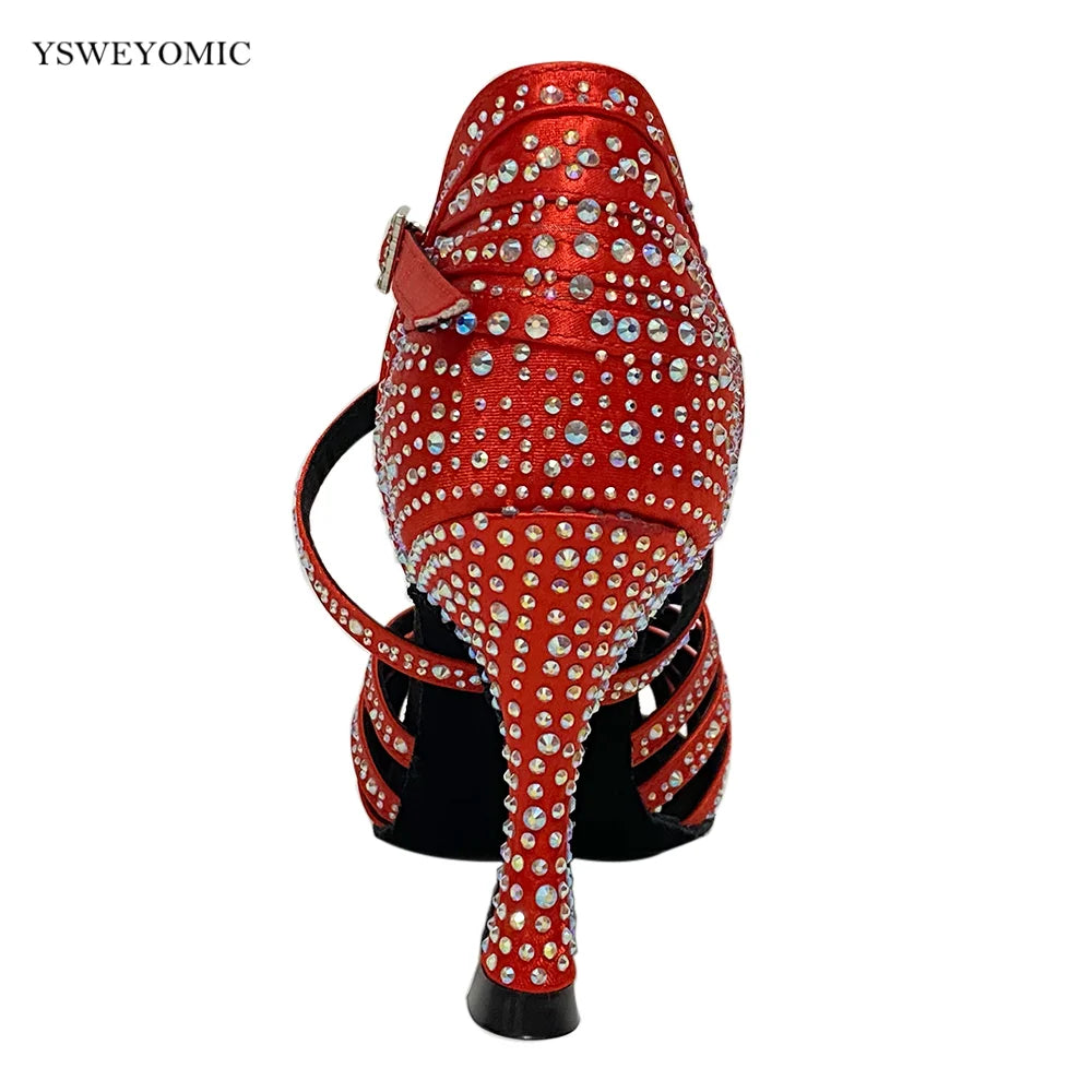 Red Rhinestones Salsa Dance Shoes 9cm Heel