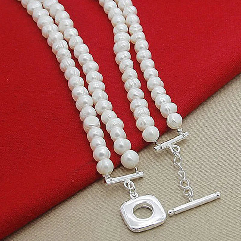 Silver Double Layered Pearl Necklace Chains