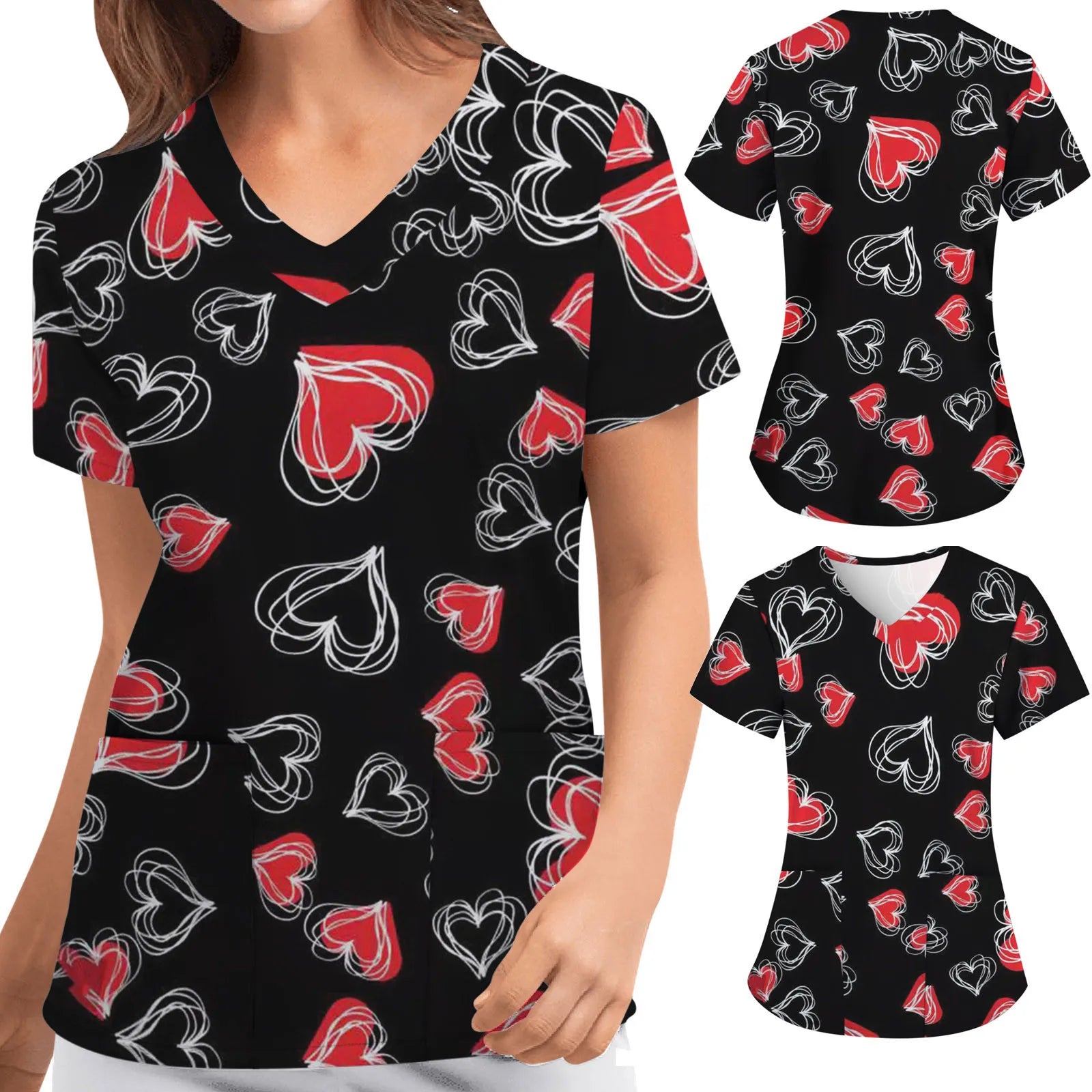 Short-sleeved Top For Nurses V-neck Women Valentine's Day Love Print Uniform Casual Women's Blouse