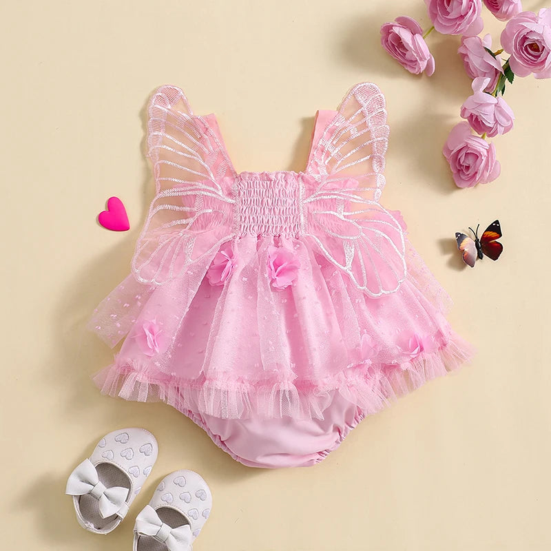 New Born Infant Baby Girls Sleeveless Straps Tube Top Floral Butterfly Tutu Ruffled Princess Mesh Dress Romper