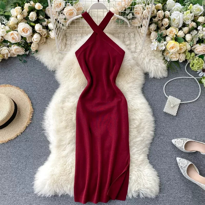 Elegant Solid Women's Dresses Knitted  V Neck Backless Elastic dresses for women