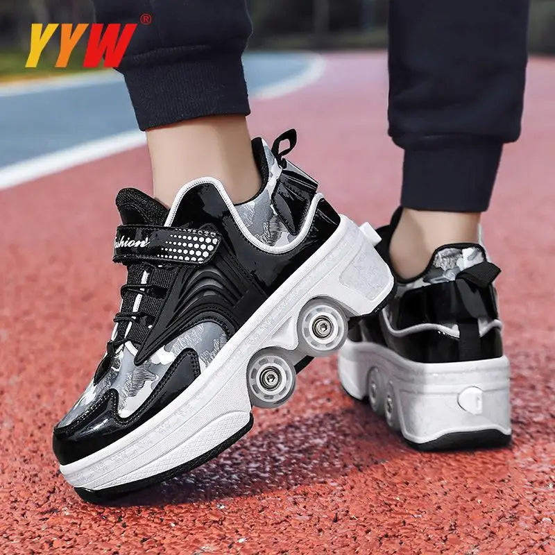 Four-Wheel Dual-Use Skating Shoes Double-Row Roller Student Men's Casual Sneakers Women's Men's Sport Walking Running Shoes