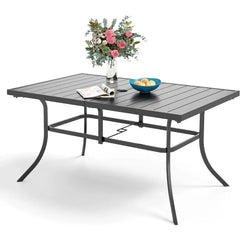 Rectangular Metal Patio Outdoor Dining Table, Black Steel Slatted Weather-Resistant Table