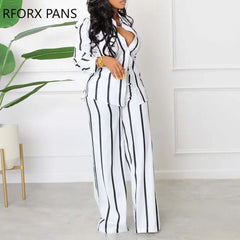 Women Elegant Striped Chic Long Sleeves Turn Down Collar Button Fashion Pants Set