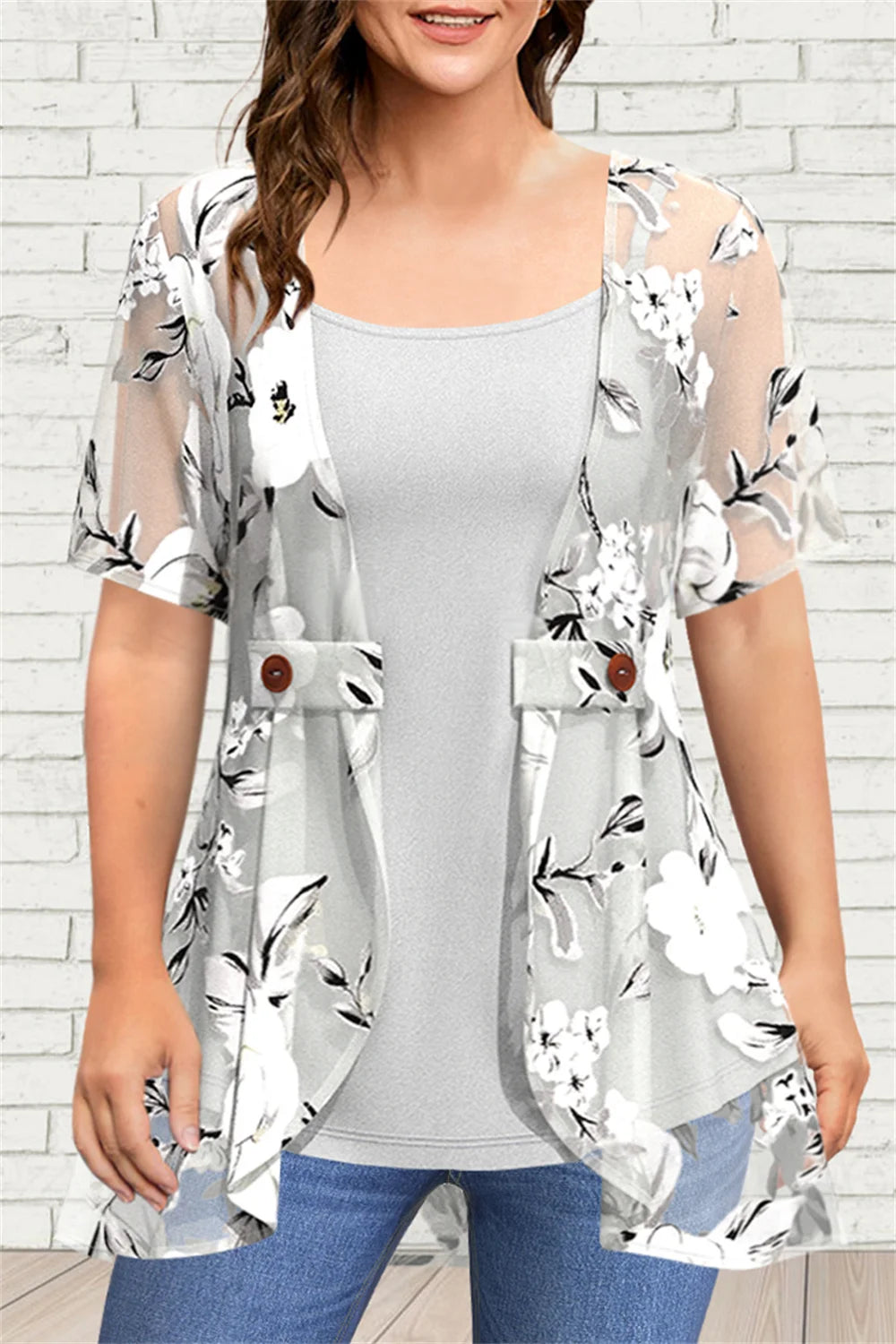 Plus Size Casual Grey Chiffon Floral Print Fake Two Pieces Blouse