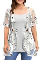 Plus Size Casual Grey Chiffon Floral Print Fake Two Pieces Blouse