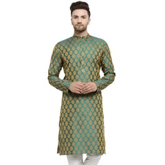 Green Shirt Kurta Indian Men's Clothing Traditional South Asian Ethnic Style Long Tops Vintage