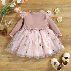 PatPat Baby Dress Baby Girl Clothes New Born Infant Party Dresses Pink Ribbed Bowknot Floral Mesh for NewBorn