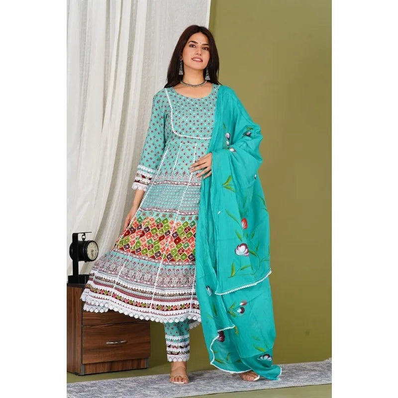 Women Printed Kurti Pant & Dupatta Set Indian Wedding Salwar Kameez Dress Suit