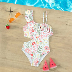 One Piece Oblique Shoulder Swimwear Girl's Printed Kids Swimsuit Ruffles Bathing Suit