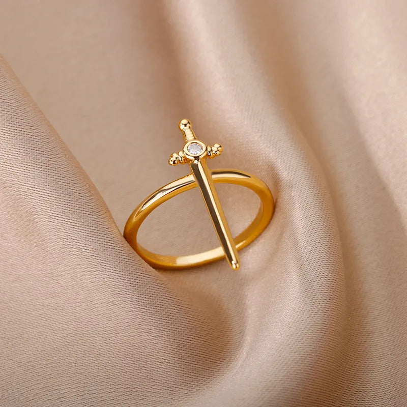 Gothic Swords Pendant Rings For Women Stainless Steel Gold PLated Dagger Charm Ring