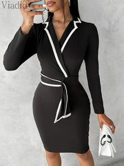 Women Elegant Colorblock Contrast Binding Notched Collar Blazer Dress