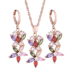 Rose Gold Color Jewelry Sets Colorful Zircon Hanging Earring High Quality Fashion Luxury Elegant Women's Set