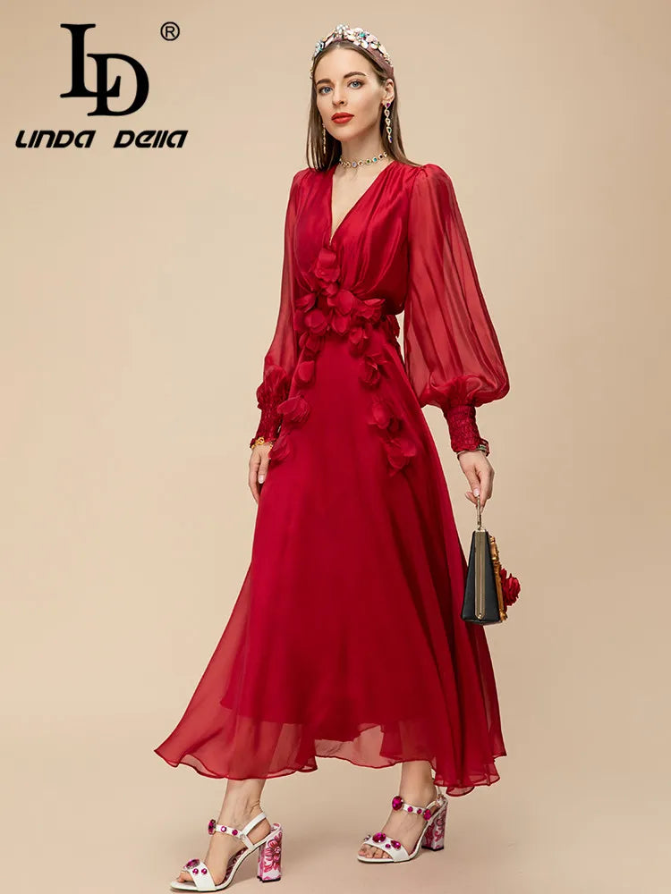 Summer Runway Elegant Party Dress Women's Red V-Neck High Waist Applique Chiffon Slim Fit Long Dress
