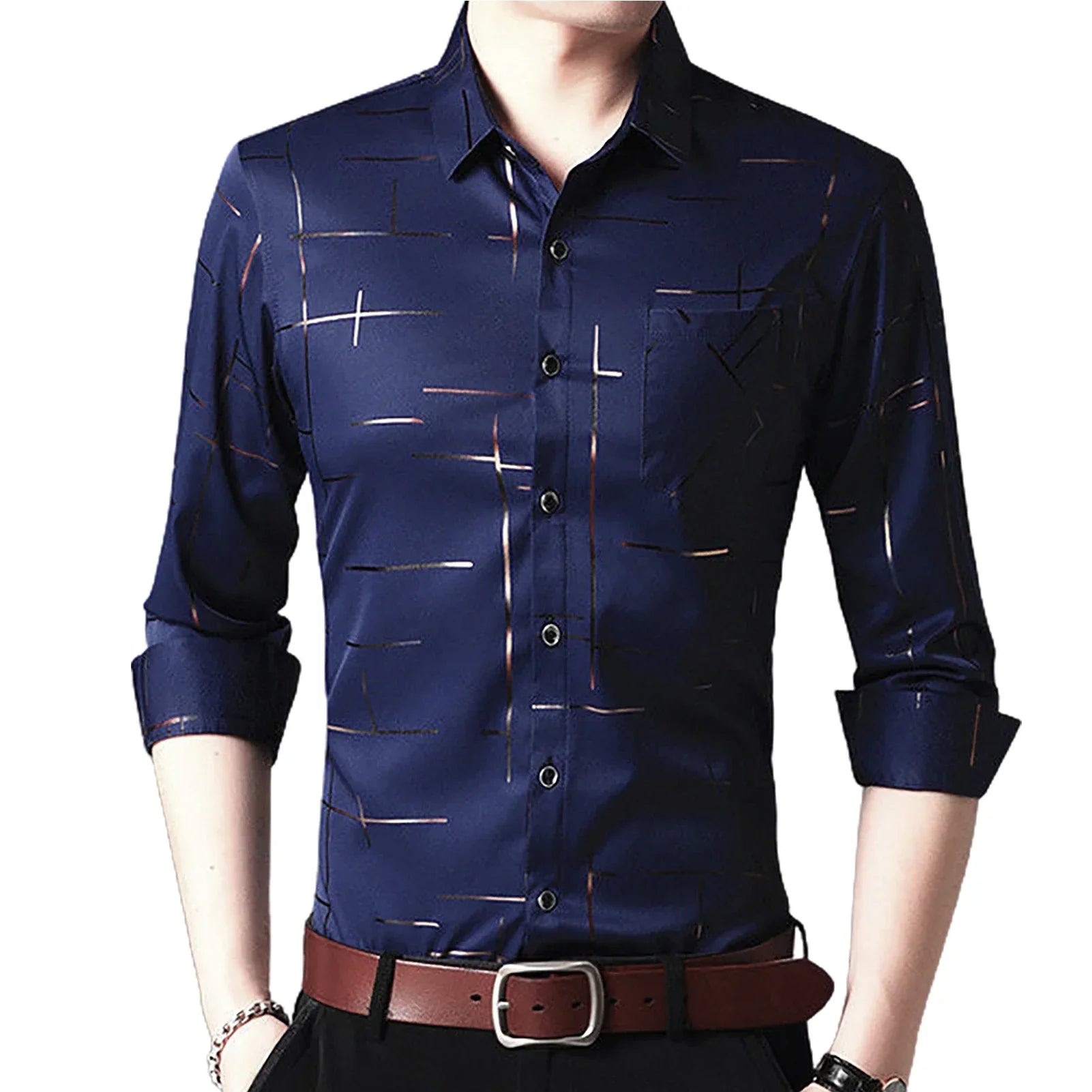 Men Shirt Plaid Print Turn down Collar Single breasted Formal Dress Shirt