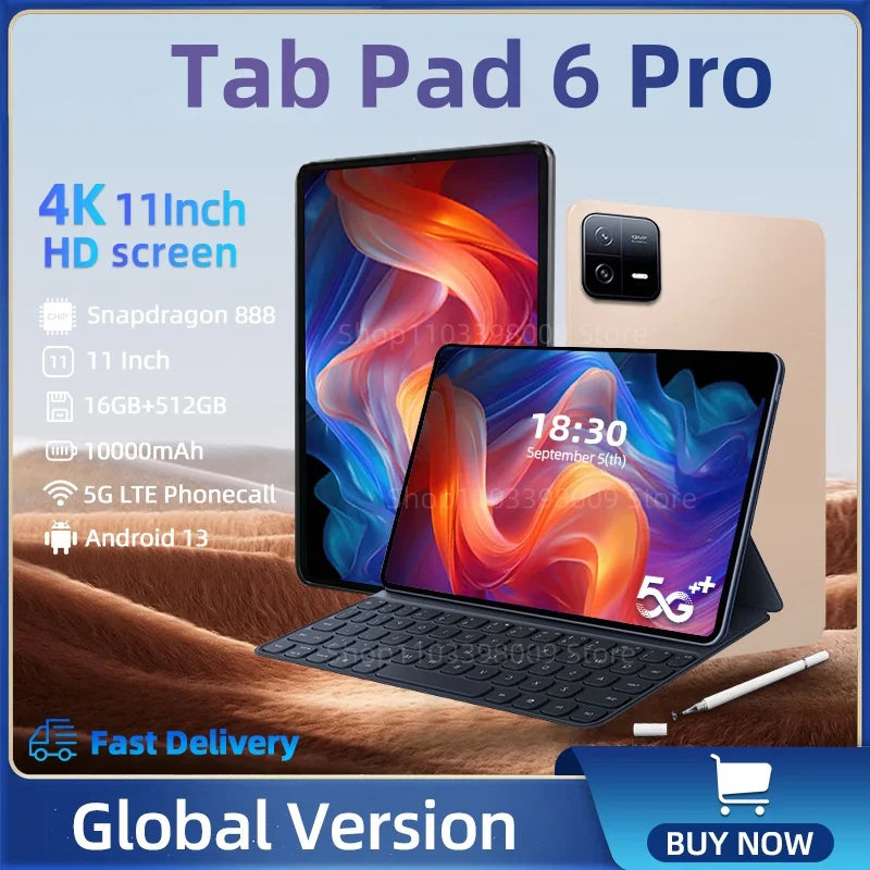 New Pad 6 Pro Tablet PC Android 13 Snapdragon 888 16GB 1TB 10 Core 10000mAh WPS GPS 5G Dual SIM Network Phone Call Mi Tab