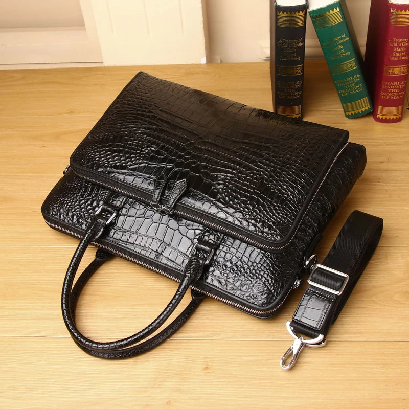 Real Cowhide Men's Bag Crocodile Pattern Briefcase Men's Handbag Genuine Leather Bag Shoulder bag