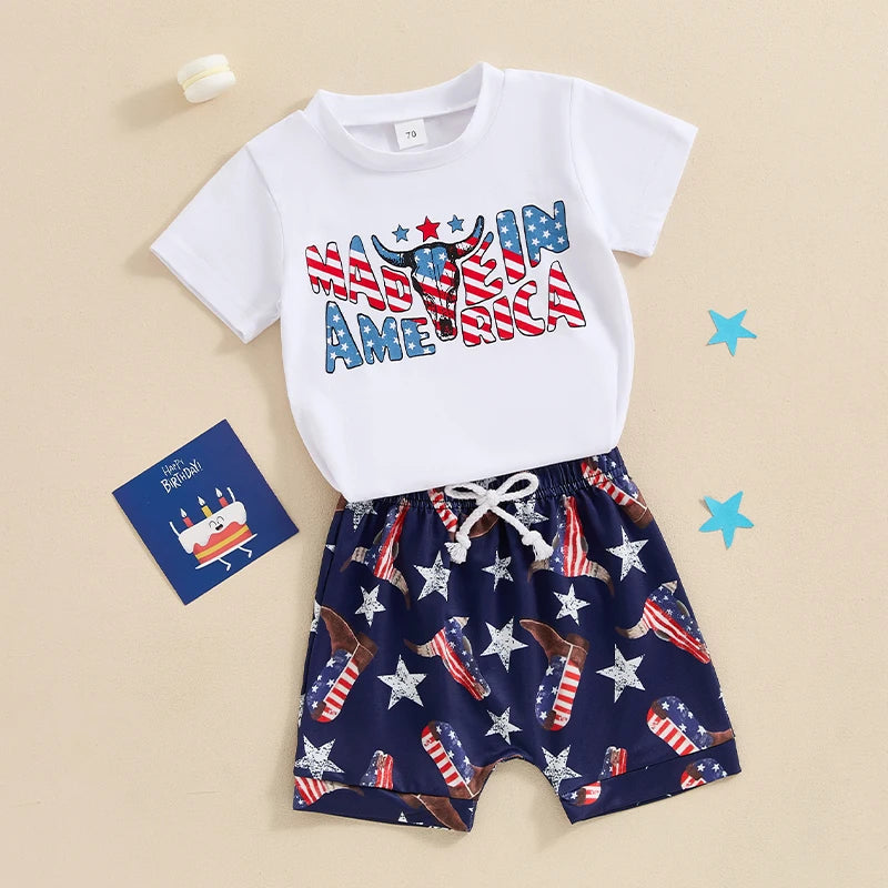 Baby Boy 4th of July Outfit Short Sleeve America Cow T-shirt Tops Jogger Shorts Western Clothes 0-3T