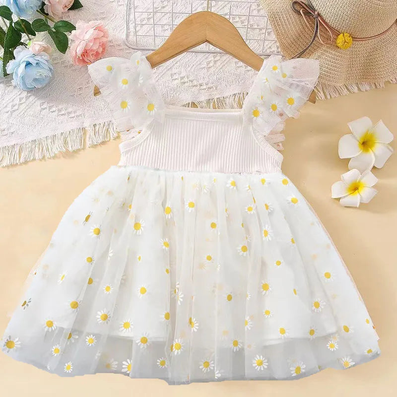 Daisy Flower Girls Birthday Dress Kid Children Clothing Petal Sleeves Party Christmas Knee Length Mesh