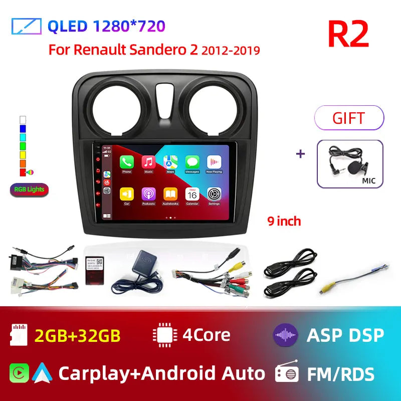 Android 12 Car Radio Multimedia Video Player for Renault Logan 2 Sandero 2 2012 - 2019 2 Din GPS Navigation Stereo DVD carplay