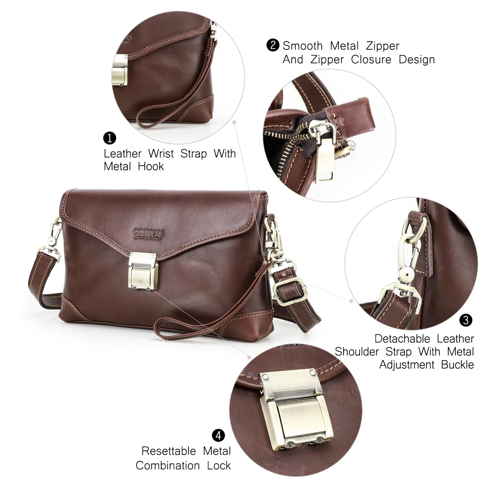 CONTACT'S Genuine Leather Men Small Messenger Bag Password Lock Design Vintage Shoulder Sling Phone Bag Male Clutch Handbag