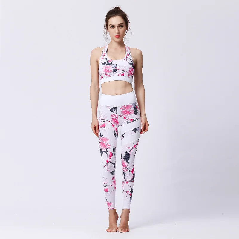 Cloud Hide Flower Printing Yoga Set Gym Outfits Sportswear Women Fitness Tracksuit Bra Top High Waist Leggings Pants Sports Suit