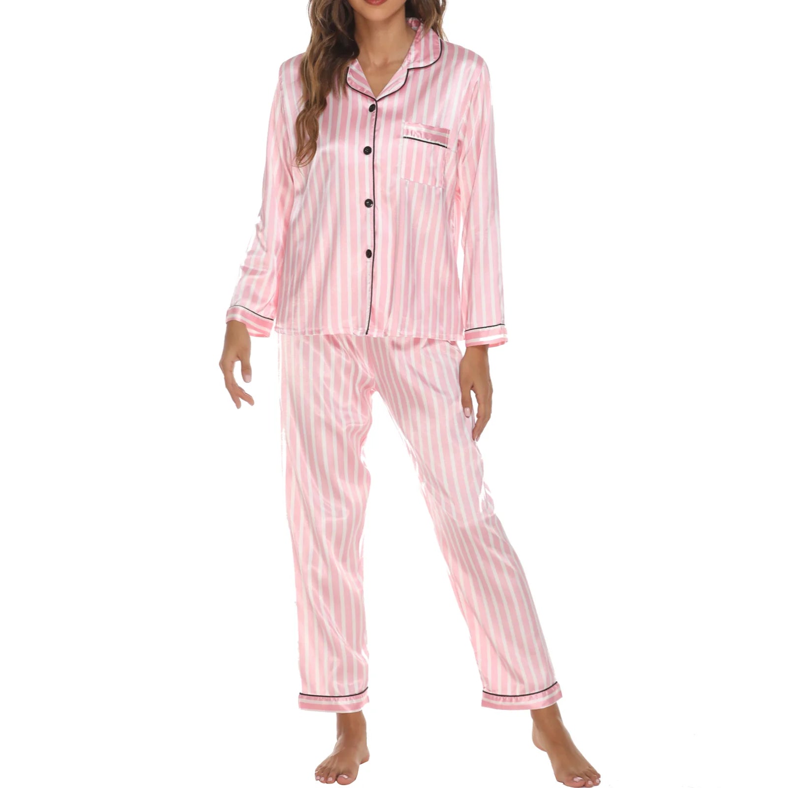 Women s Soft Button Down Pajama Sets Striped Satin Pajama Set 2-Piece Sleepwear Loungewear