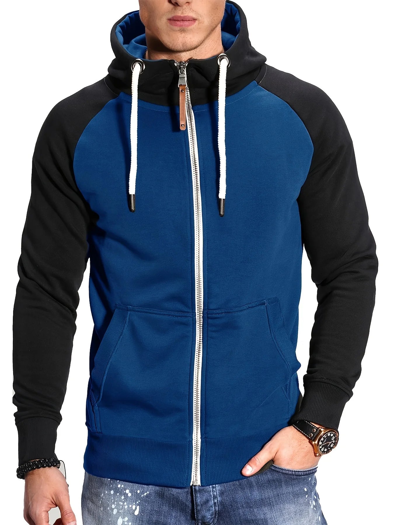 Men's Relaxed Fit Color Block Zip Up Hoodie Soft Slight Stretch Fabric Long Sleeve Placket Design