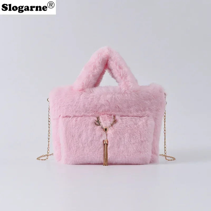 New Women's Faux Rabbit Fur Handbag Plush Shoulder Bag