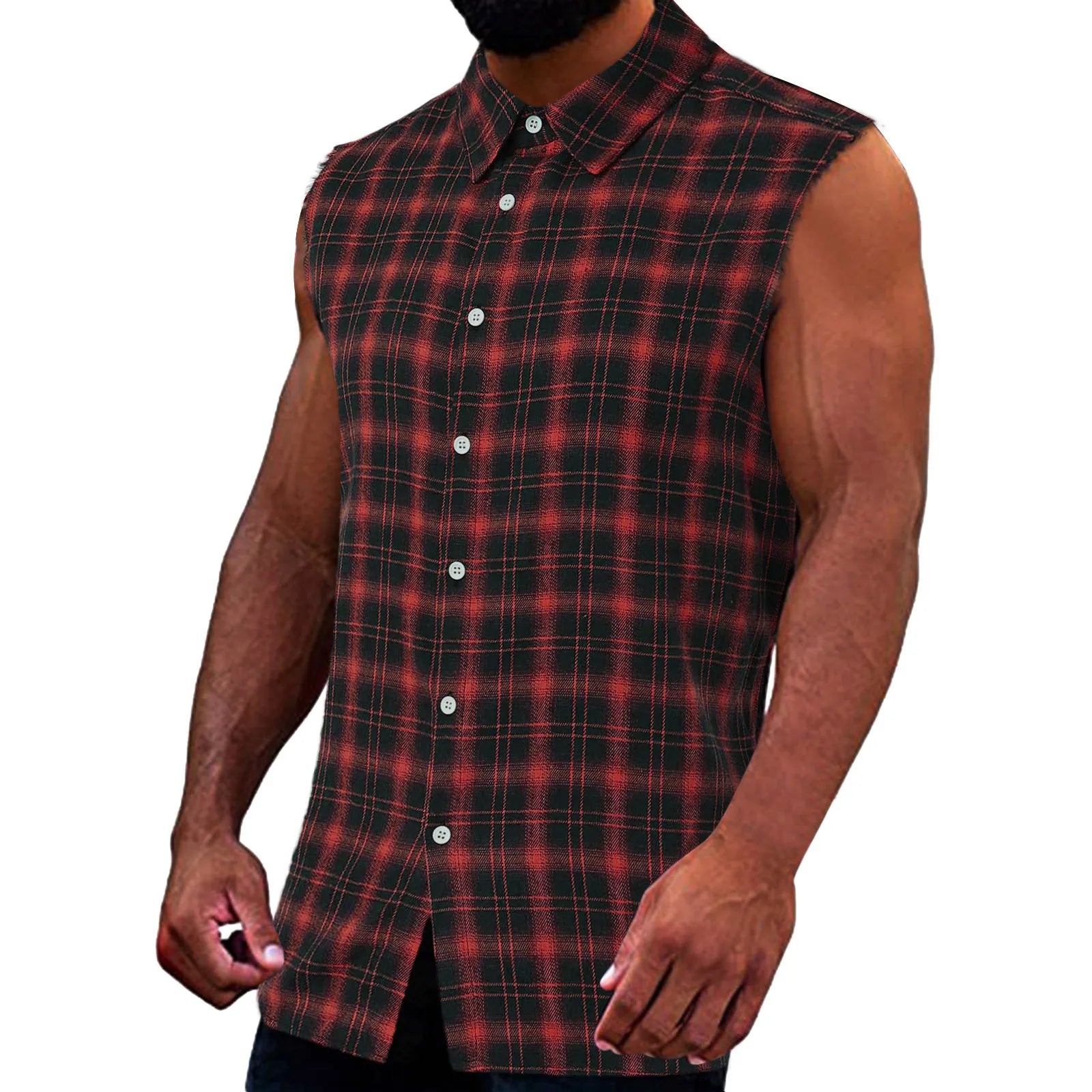 Men's Summer Fashion Casual Plaid Print Sleeveless T Shirt