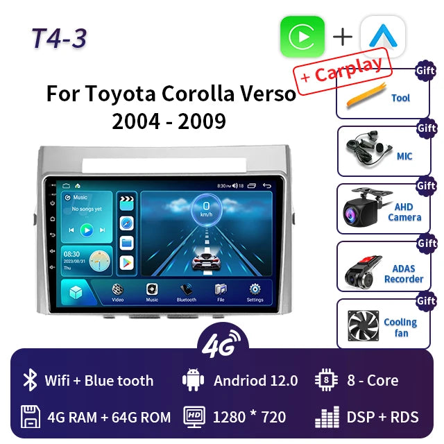 9" Android Car Radio for Toyota Corolla Verso AR10 2004-2009 Multimedia Player 2Din Carplay Video Stereo Headunit Audio Wifi 4G