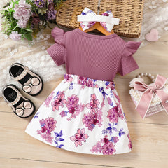 Baby Girl 95% Cotton Ruffled Bow Front Faux-two Short-sleeve Floral Print Dress & Headband Set